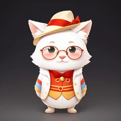 1cat,((RAW photo)),solo,full body,((best quality)),shadows and highlights,jewelry,gems,furry,frame glasses,(photo-realistic:1.3),(masterpiece),hat,cartoon,4k,a lot of details,smile,gradient color background,, <lora:chubby_20230714115856:0.6>,chibi,