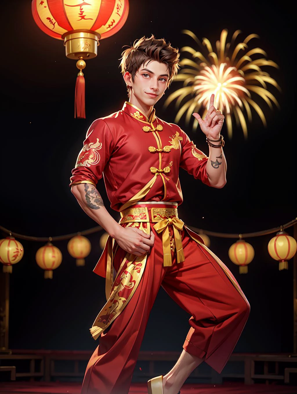 looking at viewer, Amidst the Chinese New Year festivities of the Dragon, a (handsome young man:1.1)( dons traditional attire:1.5). His clothing reveals chiseled muscles and tattoos, with a red shirt featuring golden dragon embroidery and snug, red trousers adorned with fireworks motifs. Completing the look are golden shoes.
he stands against a backdrop of gleaming red and gold lanterns on a stage filled with music and firecrackers. The man's tattoos, depicting dragons and Chinese symbols, underscore his cultural connection. With a radiant smile, he extends blessings for the year ahead, encapsulating the spirit of joy and community celebration. His masculine, youthful, and tender features exude warmth and charm, adding to the festive atmosphere of the occasion,
<lora:GoodHands-beta2:0.8>, dynamic pose,
<lora:JackHarrer:0.8> JackHarrer, masterpiece, 4k, high quality, highres, absurdres,
