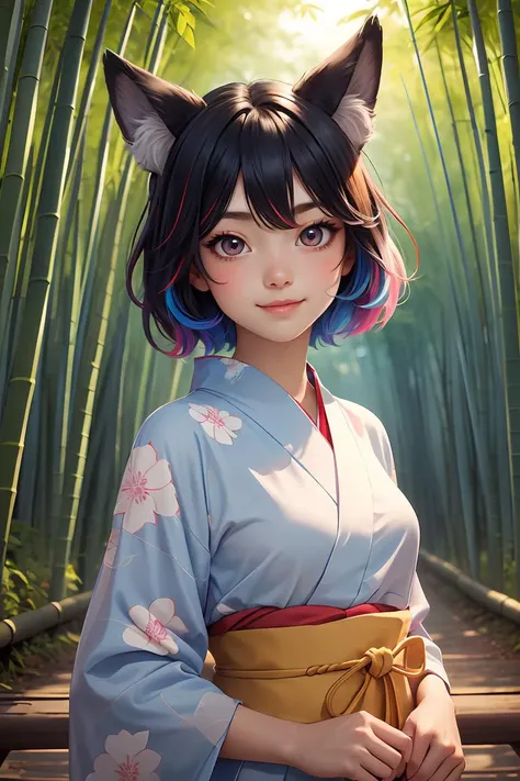 masterpiece, an extremely cute and beautiful girl, (finely detailed beautiful eyes and detailed face), 1girl, solo, cute, smile, animal ears, wolf ears, red eyes, cowboy shot, (bule detailed yukata), BREAK, Tanabata Festival, bamboo forest background,stylish pose, Atmospheric Perspective, multicolored hair, very short hair,<lora:GPTS4 dreamwave full_478773:0.3>, <lora:GoodHands-beta2:1>
