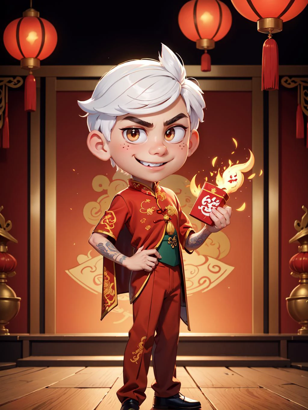 looking at viewer, Amidst the Chinese New Year festivities of the Dragon, a (handsome young man:1.1)( dons traditional attire:1.5). His clothing reveals chiseled muscles and tattoos, with a red shirt featuring golden dragon embroidery and snug, red trousers adorned with fireworks motifs. Completing the look are golden shoes.
he stands against a backdrop of gleaming red and gold lanterns on a stage filled with music and firecrackers. The man's tattoos, depicting dragons and Chinese symbols, underscore his cultural connection. With a radiant smile, he extends blessings for the year ahead, encapsulating the spirit of joy and community celebration. His masculine, youthful, and tender features exude warmth and charm, adding to the festive atmosphere of the occasion,
<lora:GoodHands-beta2:0.8>, dynamic pose,
<lora:LincolnLoud1-10:0.7> lincoln loud, brown eyes, white hair, smooth hair cut, masterpiece, 4k, high quality, highres, absurdres,