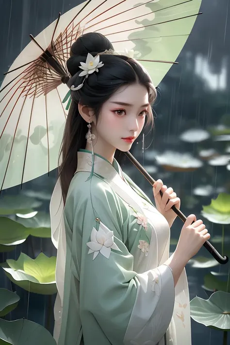 A woman holds a oil-paper umbrella on her shoulder to shelter from the rain as part of a fashion event in the style of Yue Xiaofei,light jade,ethereal dream,Tang Youhong,elegant,detailed design,dansaekhwa, Joil-paper umbrella,chinese clothes,holding umbrella,rain, (Milky skin, shiny skin:1.3),(lotus leaf:1.2),<lora:GoodHands-beta2:1>, <lora:绪å¿-ä¼ä¸ä»oil paper umbrella:0.8>