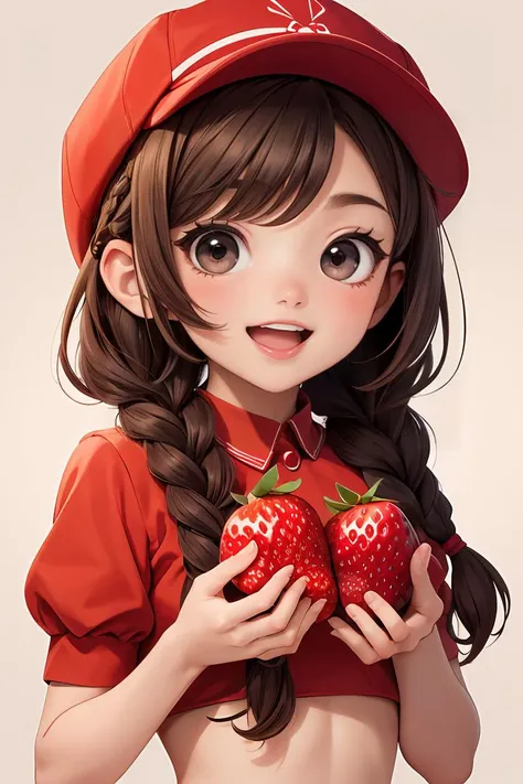 masterpiece,best quality,dramatic, 1girl, solo, long hair, smile, open mouth, bangs, brown hair, hat, strawberry, holding fruit, upper body, braid,chibi, black eyes, twin braids, fruit, red headwear, cropped torso, <lora:GoodHands-beta2:1>