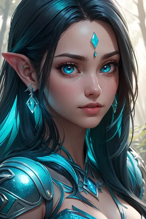 An ethereal female figure with delicate, luminescent background, surrounded by glowing enchanted forest, pointed ears, jewelry, intricate, detailed, Subsurface skin scattering, shiny skin, (iridescent dress), detailed clothing texture, detailed background, ([Evangeline Lilly|Adriana Lima|Adriana Lima]:0.8), round cute face, teal eyes, close-up, amazing fine detail, rich colors, lifelike texture, dramatic lighting, unreal engine, trending on ArtStation, (perfect skin texture, perfect body), gorgeous, stunning, beautiful, perfect lighting, (photorealistic:1.2)