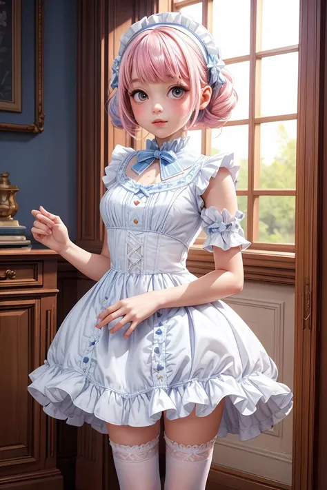 (masterpiece, best quality), 1girl, blue and white frill dress, (white stockings), pink hair, cute face, standing, indoor, intricate detail, sunlight, <lora:add_detail:1>