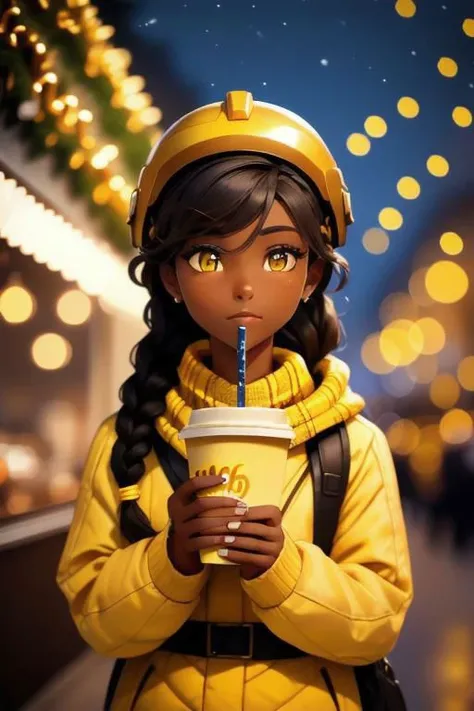 A woman soldier (dark skin, wide eyes, corn rows) wearing a helmet drinking a coffee in a paper cup, evening, festive bokeh, christmas lights, (((((yellow)))))