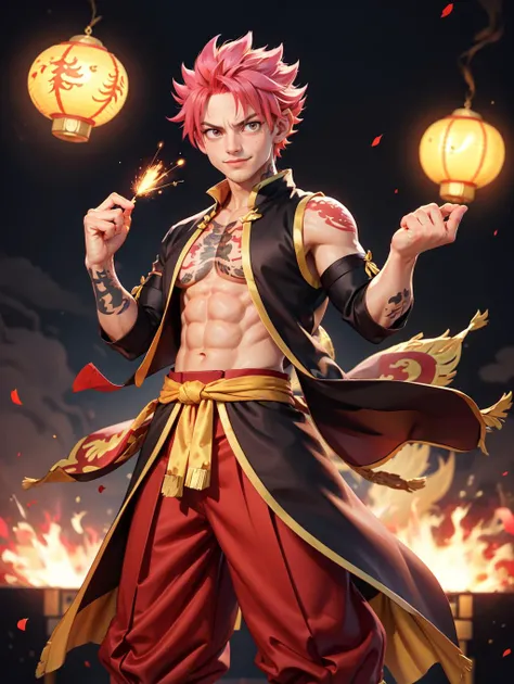 looking at viewer, Amidst the Chinese New Year festivities of the Dragon, a (handsome young man:1.1)( dons traditional attire:1.5). His clothing reveals chiseled muscles and tattoos, with a red shirt featuring golden dragon embroidery and snug, red trousers adorned with fireworks motifs. Completing the look are golden shoes.
he stands against a backdrop of gleaming red and gold lanterns on a stage filled with music and firecrackers. The man's tattoos, depicting dragons and Chinese symbols, underscore his cultural connection. With a radiant smile, he extends blessings for the year ahead, encapsulating the spirit of joy and community celebration. His masculine, youthful, and tender features exude warmth and charm, adding to the festive atmosphere of the occasion,
<lora:GoodHands-beta2:0.8>, dynamic pose,
<lora:Natsu:0.7> natsu_dragneel, pink hair, abs, muscle, fire,, masterpiece, 4k, high quality, highres, absurdres,