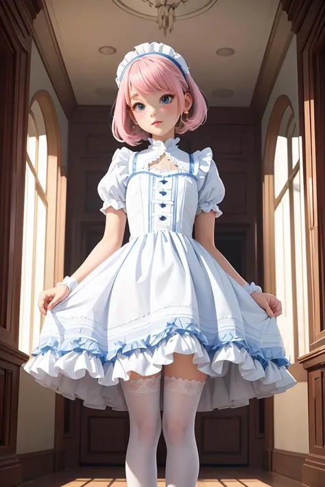 (masterpiece, best quality), 1girl, blue and white frill dress, (white stockings), pink hair, cute face, standing, indoor, intricate detail, sunlight,