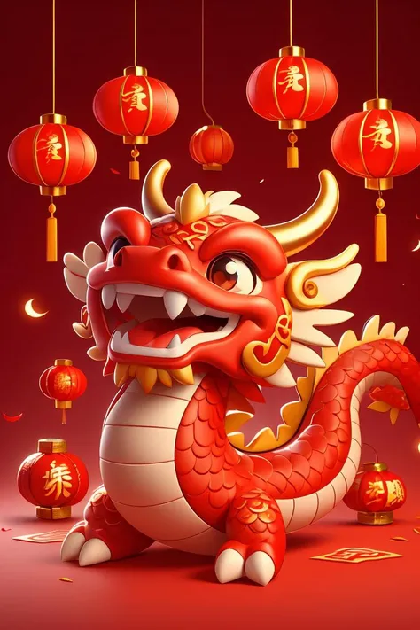 a red dragon, smile, red background, a small number of red lanterns, Chinese elements <lora:3Dä¸¨æ°æ¥é¾_V1.0:0.8>