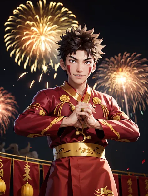 looking at viewer,  Amidst the Chinese New Year festivities of the Dragon, a (handsome young man:1.1)( dons traditional attire:1.5). His clothing reveals chiseled muscles and tattoos, with a red shirt featuring golden dragon embroidery and snug, red trousers adorned with fireworks motifs. Completing the look are golden shoes.
 he stands against a backdrop of gleaming red and gold lanterns on a stage filled with music and firecrackers. The man's tattoos, depicting dragons and Chinese symbols, underscore his cultural connection. With a radiant smile, he extends blessings for the year ahead, encapsulating the spirit of joy and community celebration. His masculine, youthful, and tender features exude warmth and charm, adding to the festive atmosphere of the occasion, 
 <lora:GoodHands-beta2:0.8>, dynamic pose, 
   <lora:KibaInuzuka:0.8> Kiba_Inuzuka, masterpiece, 4k, high quality, highres, absurdres,