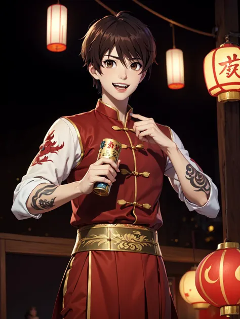 looking at viewer,  Amidst the Chinese New Year festivities of the Dragon, a (handsome young man:1.1)( dons traditional attire:1.5). His clothing reveals chiseled muscles and tattoos, with a red shirt featuring golden dragon embroidery and snug, red trousers adorned with fireworks motifs. Completing the look are golden shoes.
 he stands against a backdrop of gleaming red and gold lanterns on a stage filled with music and firecrackers. The man's tattoos, depicting dragons and Chinese symbols, underscore his cultural connection. With a radiant smile, he extends blessings for the year ahead, encapsulating the spirit of joy and community celebration. His masculine, youthful, and tender features exude warmth and charm, adding to the festive atmosphere of the occasion, 
 <lora:GoodHands-beta2:0.8>, dynamic pose, 
  <lora:sakakibara_kouichi:0.8> sakakibara_kouichi, masterpiece, 4k, high quality, highres, absurdres,