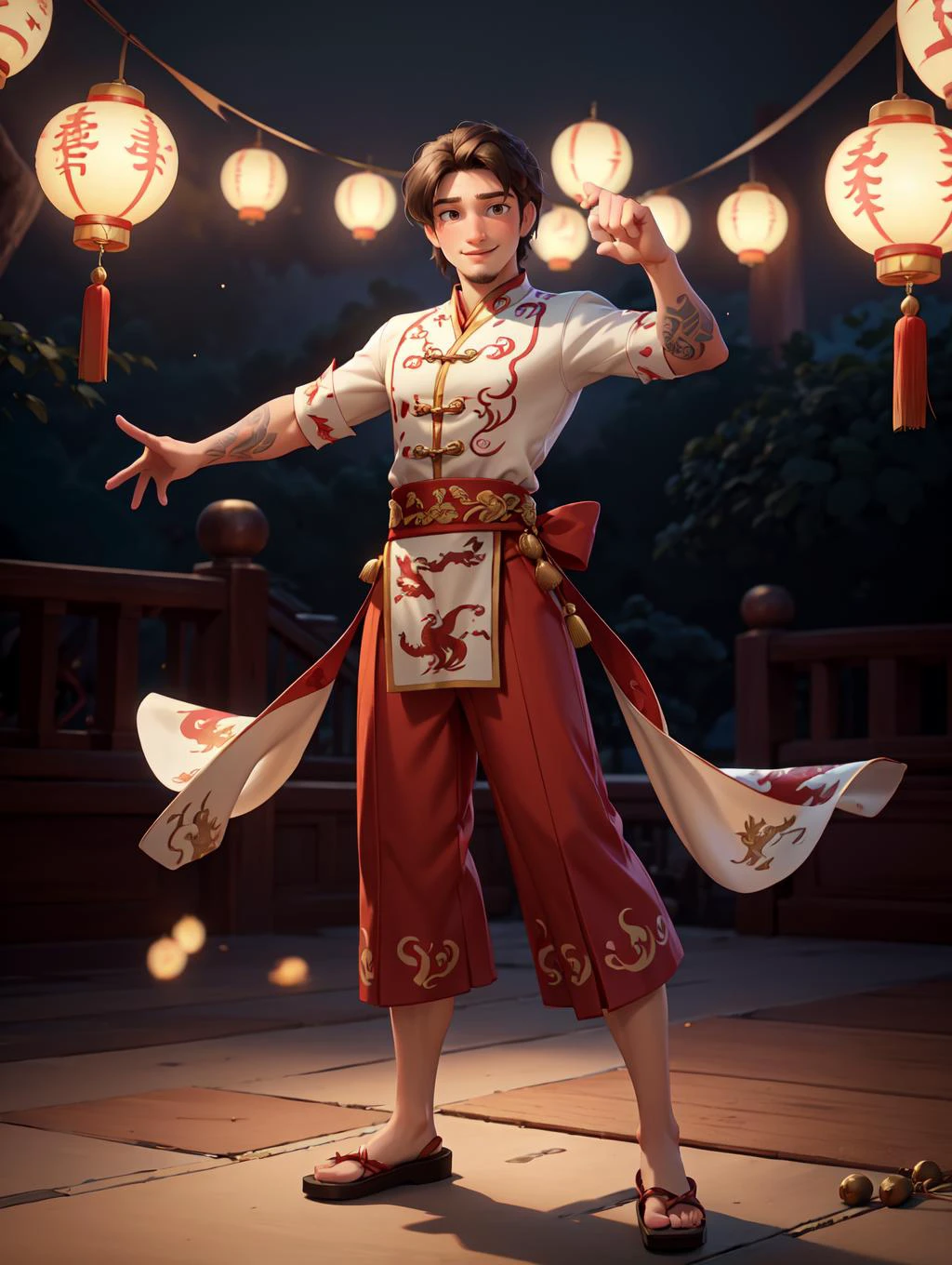 looking at viewer, Amidst the Chinese New Year festivities of the Dragon, a (handsome young man:1.1)( dons traditional attire:1.5). His clothing reveals chiseled muscles and tattoos, with a red shirt featuring golden dragon embroidery and snug, red trousers adorned with fireworks motifs. Completing the look are golden shoes.
he stands against a backdrop of gleaming red and gold lanterns on a stage filled with music and firecrackers. The man's tattoos, depicting dragons and Chinese symbols, underscore his cultural connection. With a radiant smile, he extends blessings for the year ahead, encapsulating the spirit of joy and community celebration. His masculine, youthful, and tender features exude warmth and charm, adding to the festive atmosphere of the occasion,
<lora:GoodHands-beta2:0.8>, dynamic pose,
<lora:flynn_rider:0.6> flynn_rider, masterpiece, 4k, high quality, highres, absurdres,