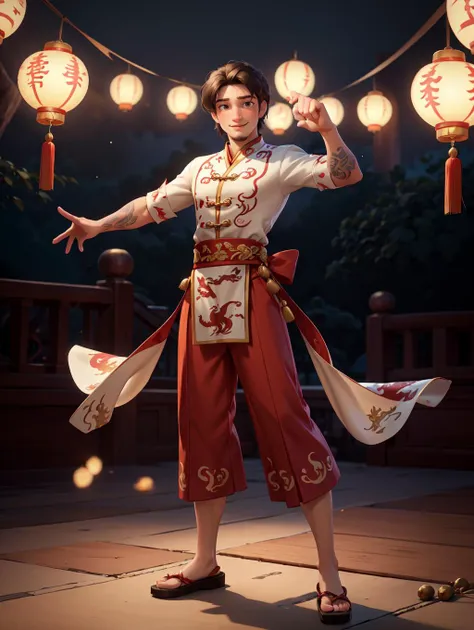 looking at viewer,  Amidst the Chinese New Year festivities of the Dragon, a (handsome young man:1.1)( dons traditional attire:1.5). His clothing reveals chiseled muscles and tattoos, with a red shirt featuring golden dragon embroidery and snug, red trousers adorned with fireworks motifs. Completing the look are golden shoes.
 he stands against a backdrop of gleaming red and gold lanterns on a stage filled with music and firecrackers. The man's tattoos, depicting dragons and Chinese symbols, underscore his cultural connection. With a radiant smile, he extends blessings for the year ahead, encapsulating the spirit of joy and community celebration. His masculine, youthful, and tender features exude warmth and charm, adding to the festive atmosphere of the occasion, 
 <lora:GoodHands-beta2:0.8>, dynamic pose, 
 <lora:flynn_rider:0.6> flynn_rider, masterpiece, 4k, high quality, highres, absurdres,