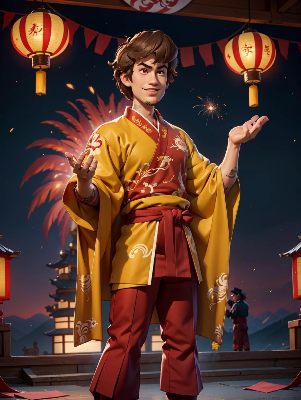 looking at viewer, Amidst the Chinese New Year festivities of the Dragon, a (handsome young man:1.1)( dons traditional attire:1.5). His clothing reveals chiseled muscles and tattoos, with a red shirt featuring golden dragon embroidery and snug, red trousers adorned with fireworks motifs. Completing the look are golden shoes.
he stands against a backdrop of gleaming red and gold lanterns on a stage filled with music and firecrackers. The man's tattoos, depicting dragons and Chinese symbols, underscore his cultural connection. With a radiant smile, he extends blessings for the year ahead, encapsulating the spirit of joy and community celebration. His masculine, youthful, and tender features exude warmth and charm, adding to the festive atmosphere of the occasion,
<lora:GoodHands-beta2:0.8>, dynamic pose,
<lora:Shaggy2V4:0.8> shaggy rogers , brown hair, goatee, brown-green eyes, masterpiece, 4k, high quality, highres, absurdres,