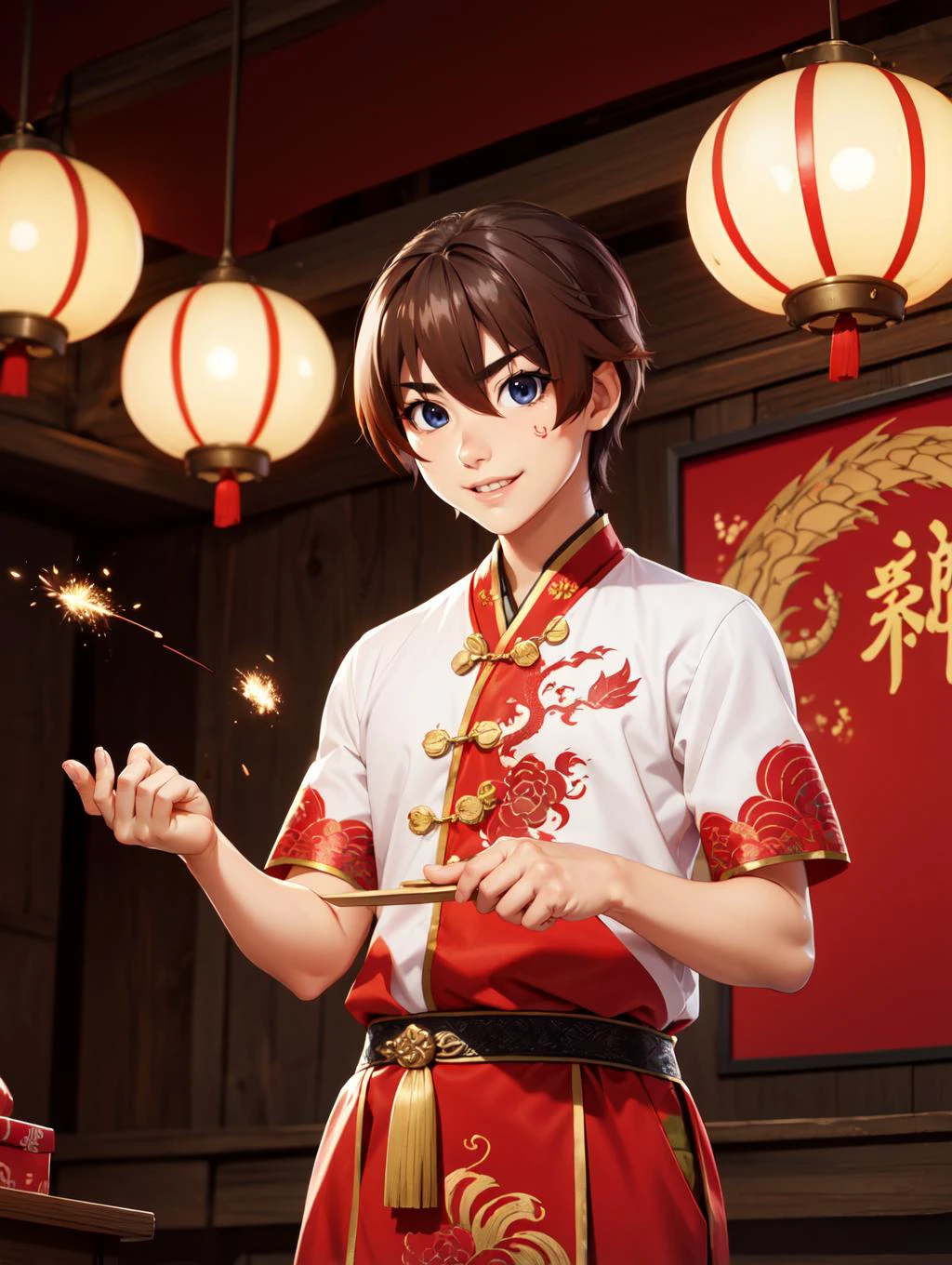 looking at viewer, Amidst the Chinese New Year festivities of the Dragon, a (handsome young man:1.1)( dons traditional attire:1.5). His clothing reveals chiseled muscles and tattoos, with a red shirt featuring golden dragon embroidery and snug, red trousers adorned with fireworks motifs. Completing the look are golden shoes.
he stands against a backdrop of gleaming red and gold lanterns on a stage filled with music and firecrackers. The man's tattoos, depicting dragons and Chinese symbols, underscore his cultural connection. With a radiant smile, he extends blessings for the year ahead, encapsulating the spirit of joy and community celebration. His masculine, youthful, and tender features exude warmth and charm, adding to the festive atmosphere of the occasion,
<lora:GoodHands-beta2:0.8>, dynamic pose,
<lora:keiichi_maebara:0.8> keiichi_maebara, brown hair, blue eyes, hair between eyes, masterpiece, 4k, high quality, highres, absurdres,