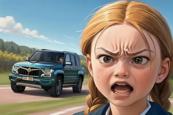 painting of Greta Thunberg, hair in braids, very angry, furious, short, in front of suv, cartoon style