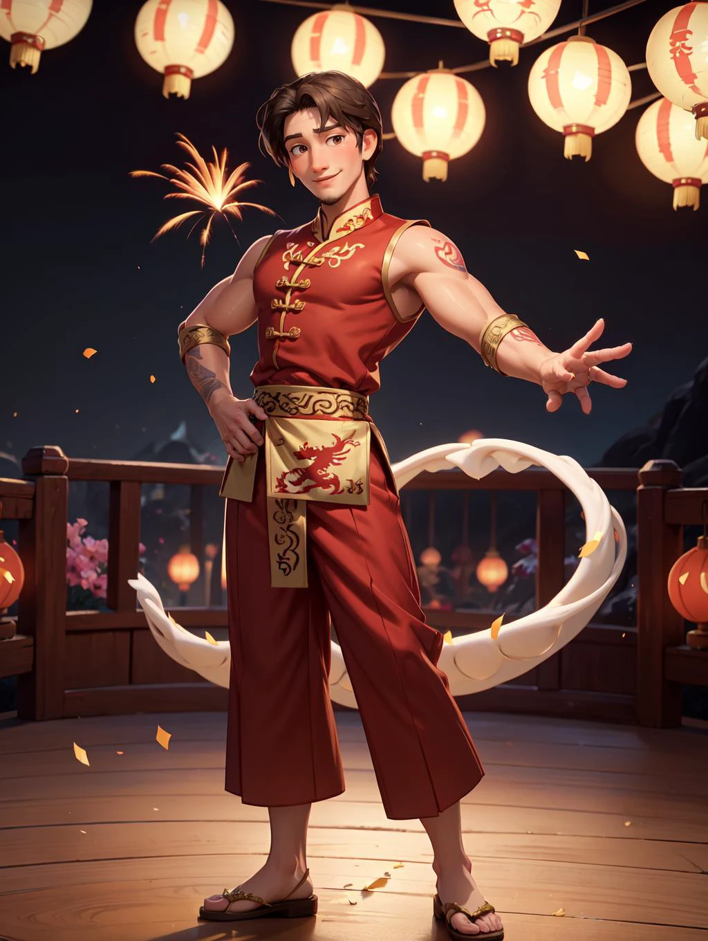 looking at viewer, Amidst the Chinese New Year festivities of the Dragon, a (handsome young man:1.1)( dons traditional attire:1.5). His clothing reveals chiseled muscles and tattoos, with a red shirt featuring golden dragon embroidery and snug, red trousers adorned with fireworks motifs. Completing the look are golden shoes.
he stands against a backdrop of gleaming red and gold lanterns on a stage filled with music and firecrackers. The man's tattoos, depicting dragons and Chinese symbols, underscore his cultural connection. With a radiant smile, he extends blessings for the year ahead, encapsulating the spirit of joy and community celebration. His masculine, youthful, and tender features exude warmth and charm, adding to the festive atmosphere of the occasion,
<lora:GoodHands-beta2:0.8>, dynamic pose,
<lora:flynn_rider:0.6> flynn_rider, masterpiece, 4k, high quality, highres, absurdres,