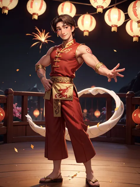 looking at viewer,  Amidst the Chinese New Year festivities of the Dragon, a (handsome young man:1.1)( dons traditional attire:1.5). His clothing reveals chiseled muscles and tattoos, with a red shirt featuring golden dragon embroidery and snug, red trousers adorned with fireworks motifs. Completing the look are golden shoes.
 he stands against a backdrop of gleaming red and gold lanterns on a stage filled with music and firecrackers. The man's tattoos, depicting dragons and Chinese symbols, underscore his cultural connection. With a radiant smile, he extends blessings for the year ahead, encapsulating the spirit of joy and community celebration. His masculine, youthful, and tender features exude warmth and charm, adding to the festive atmosphere of the occasion, 
 <lora:GoodHands-beta2:0.8>, dynamic pose, 
 <lora:flynn_rider:0.6> flynn_rider, masterpiece, 4k, high quality, highres, absurdres,