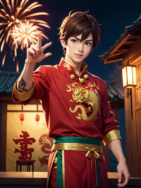 looking at viewer,  Amidst the Chinese New Year festivities of the Dragon, a (handsome young man:1.1)( dons traditional attire:1.5). His clothing reveals chiseled muscles and tattoos, with a red shirt featuring golden dragon embroidery and snug, red trousers adorned with fireworks motifs. Completing the look are golden shoes.
 he stands against a backdrop of gleaming red and gold lanterns on a stage filled with music and firecrackers. The man's tattoos, depicting dragons and Chinese symbols, underscore his cultural connection. With a radiant smile, he extends blessings for the year ahead, encapsulating the spirit of joy and community celebration. His masculine, youthful, and tender features exude warmth and charm, adding to the festive atmosphere of the occasion, 
 <lora:GoodHands-beta2:0.8>, dynamic pose, 
  <lora:kazuma satou movie-lora-nochekaiser:0.8> kazuma satou, short hair, brown hair, (green eyes:1.3), male focus,, masterpiece, 4k, high quality, highres, absurdres,