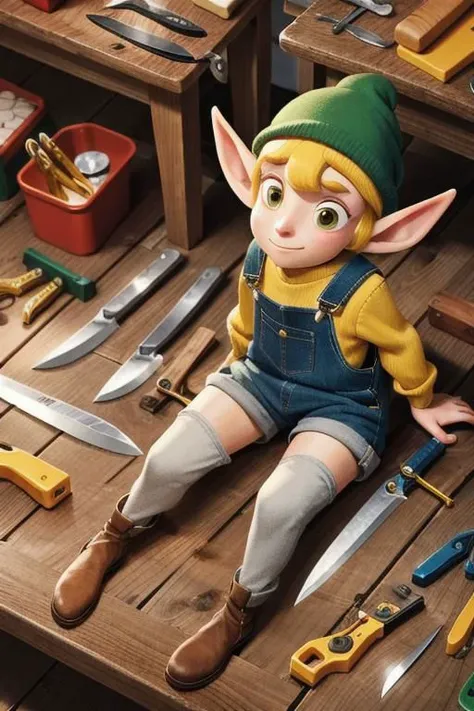 photograph taken from above of a lanky elf (yellow overalls:1), sitting at a workbench surrounded by knifes and blades, wooden floor, long shadows, christmas