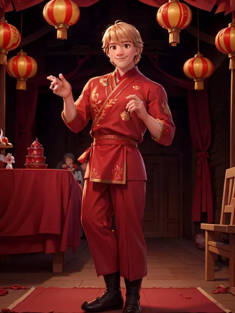 looking at viewer, Amidst the Chinese New Year festivities of the Dragon, a (handsome young man:1.1)( dons traditional attire:1.5). His clothing reveals chiseled muscles and tattoos, with a red shirt featuring golden dragon embroidery and snug, red trousers adorned with fireworks motifs. Completing the look are golden shoes.
he stands against a backdrop of gleaming red and gold lanterns on a stage filled with music and firecrackers. The man's tattoos, depicting dragons and Chinese symbols, underscore his cultural connection. With a radiant smile, he extends blessings for the year ahead, encapsulating the spirit of joy and community celebration. His masculine, youthful, and tender features exude warmth and charm, adding to the festive atmosphere of the occasion,
<lora:GoodHands-beta2:0.8>, dynamic pose,
<lora:kristoff_bjorgman:0.8> kristoff_bjorgman, masterpiece, 4k, high quality, highres, absurdres,