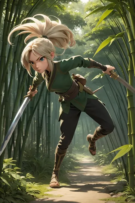 dynamic action pose,Best quality, masterpiece,  1girl, solo ,glossy eyes,sword, holding weapon,  full body, bamboo forest background,<lora:xq:1>, <lora:shuV2:0.3>, <lyco:GoodHands-beta2:1>,flying leave,(magical:1.3)