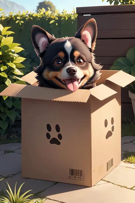 super cute,(no humans,:1.2),(best quality, masterpiece), (lovely dog:1.4), tongue out,Getting out of the box, (cardboard box:1.0), solo, animal focus, :3, facing viewer,outdoors,day,garden background, game scene mood map,Unreal Engine, cartoon rendering,(two ears:1.4)
