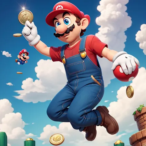 masterpiece, high quality <lora:SuperMario:1> SuperMario wearing overalls and holding coins in his hand, jumping in the clouds, with a mustache, red tshirt