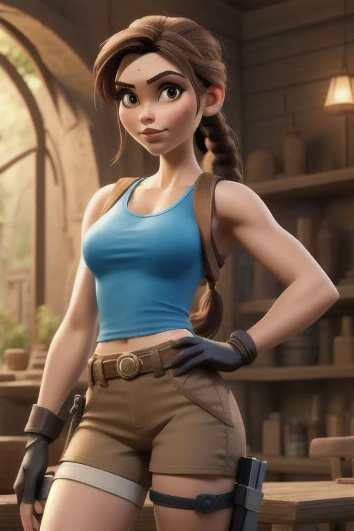 best quality, masterpiece, <lora:more_details:0.3>,, nijistyle lara croft, single braid, blue tank top, brown shorts, fingerless gloves, holster <lora:tombraider_classiclaracroft:0.6> <lyco:GoodHands-beta2:1.0> <lora:sxz-niji-v2:0.5>
