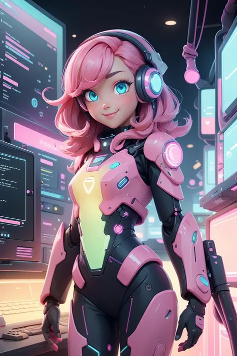 1girl, (female:1.2), young, cute face, finely detailed eyes and face, rosy pink hair, aqua eyes, looking at viewer, (electronic theme:1.1) futuristic hacker of evil high tech, gamer, smile, advanced technology, android, cybersuit, exosuit, hardsuit, mechasuit, mecha, techwear, keycard, cables, (holographic display:1.05), error message, computer, password, gamer room in the background, pink lights, cyber warfare, kawaiitech, pastel colors, kawaii, scifi, cowboy shot, finely detailed background, Depth of Field, VFX <lora:Niji:0.5>,<lora:KawaiiTech:0.8>