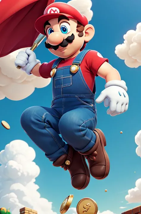 masterpiece, high quality <lora:SuperMario:1> SuperMario wearing overalls and holding coins in his hand, jumping in the clouds, with a mustache, red tshirt