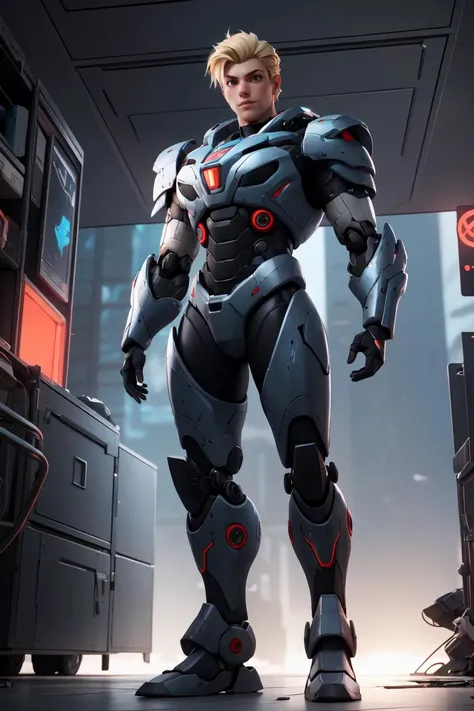 Pixar render,Unreal Engine,cinematic shot,best quality, masterpiece, realistic,1boy, beautiful ,black armour,mecha,cyberpunk,blonde hair,