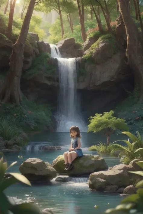 1girl, cute, looking at viewer, sitting on a rock on the side, girl sitting to the side, lake, waterfall, summer, shrubbery, bushes, sunlight, outside, Direct light, Selective focus, ((illustration)), perfect details, light particles, chromatic aberration, masterpiece, best quality, absurdres, highest quality, amazing details, hyper detail, dramatic light, intricate details. waterfall in focus