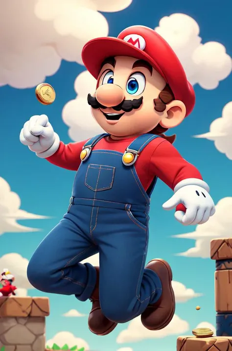 masterpiece, high quality <lora:SuperMario:1> SuperMario wearing overalls and holding coins in his hand, jumping in the clouds, with a mustache, red tshirt