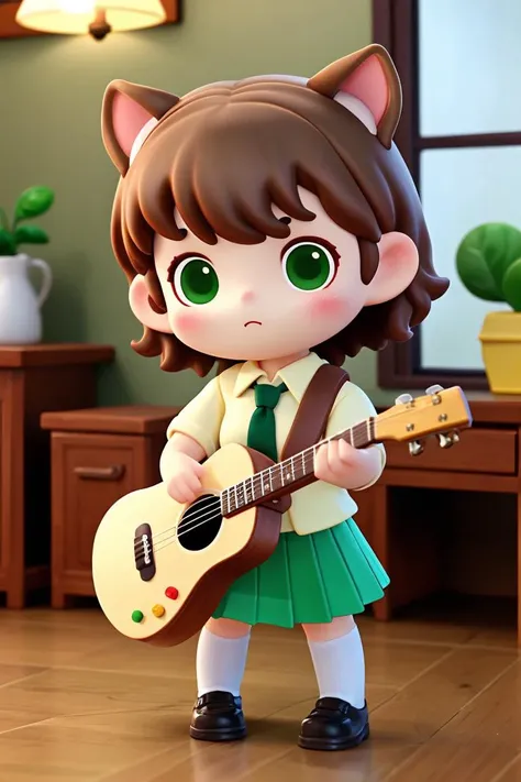 blindbox, 1girl, solo, short hair, skirt, brown hair, animal ears, flower, necktie, indoors, green skirt, instrument, guitar,  <lora:cute_blindbox_v11:0.5>