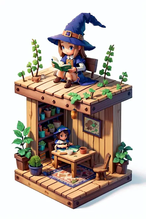 (masterpiece, best quality:1.4), (beautiful, aesthetic, perfect, delicate, intricate:1.2),a girl,Witch,In the cabin,Small wooden table,sitting on a wooden chair,Reading,potted plant,Magic Hat,Magic Wand,forest,white background,