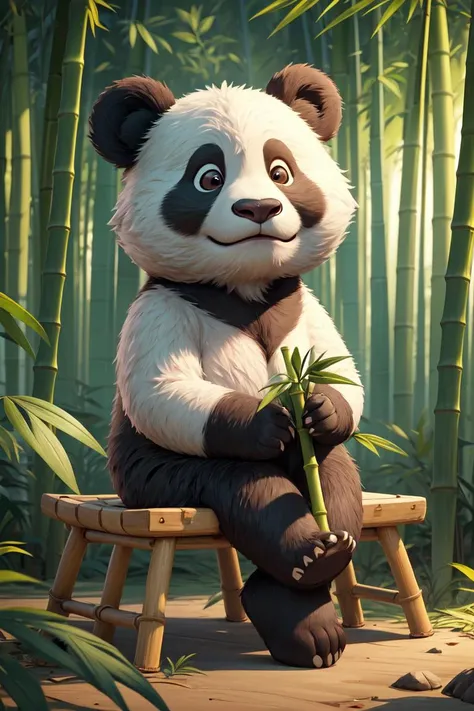 anthropomorphic,Pixar render, (masterpiece, best quality:1.2), no humans,(best quality, masterpiece), panda, holding Small bamboo, sitting, solo, full body, (animal focus:1.1), looking at viewer,bamboo forest background, game scene mood map,<lora:more_details:0.2>,