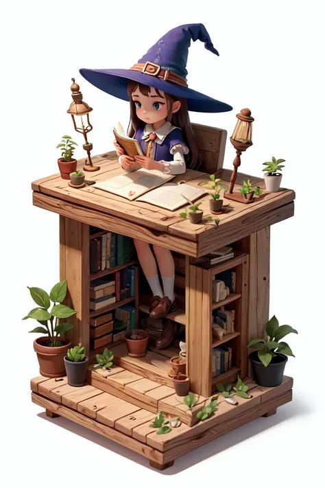 (masterpiece, best quality:1.4), (beautiful, aesthetic, perfect, delicate, intricate:1.2),a girl,Witch,In the cabin,Small wooden table,sitting on a wooden chair,Reading,potted plant,Magic Hat,Magic Wand,forest,white background,