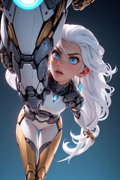 1girl,solo,Elegant hair,Angry expression,white hair,long hair,whole body,Look up the lens,rich color,Gradient,Mechanical Headwear,mechanical arm,(glow:1.2),earrings,looking at viewer,mechanical necklace,blue eyes,Diamond,mechanical leg,complex background,<lora:MG_jijia:0.8>,Driving up,