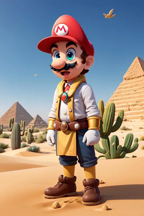 masterpiece, high quality best quality, Mario, desert, sand, cactus, sunny desert, pyramid, open_mouth, sleeves_rolled_up, solo, open space, dressed as Egyptian god, <lora:SuperMario:1>