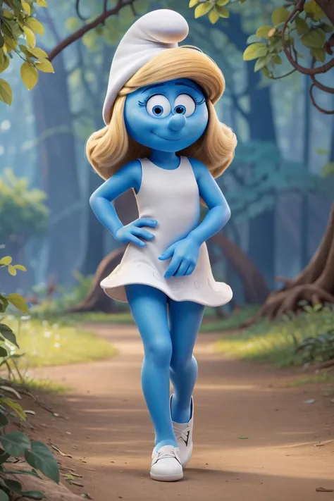 ((masterpiece, best quality)),(complex light), solo,1girl,full body , blonde hair, Smurfette, colored skin, blue skin,<lora:smurfette1:0.8>, hat, white dress, walking, forest <lora:more_details:0.3>