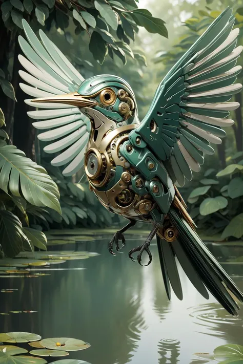 ((masterpiece)), ((best quality)), 8k, high detailed, ultra-detailed, A mechanical bird, harmoniously integrated into the beauty of nature, capturing the balance between technology and the environment, mechanical bird, ((nature)), ((harmonious integration)), ((technology and environment balance)), metallic feathers, gear mechanisms, perched on tree branch, fluttering leaves, sun rays through canopy, reflection in a pond. <lora:MechanicalBird:0.8>