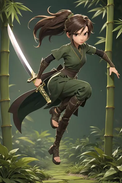 dynamic action pose,Best quality, masterpiece, 1girl,brown hair, solo ,glossy eyes,sword, holding weapon, full body, bamboo forest background,<lora:xq:1>, <lora:shuV2:0.3>, <lyco:GoodHands-beta2:1>,flying leave,(magical:1.3)