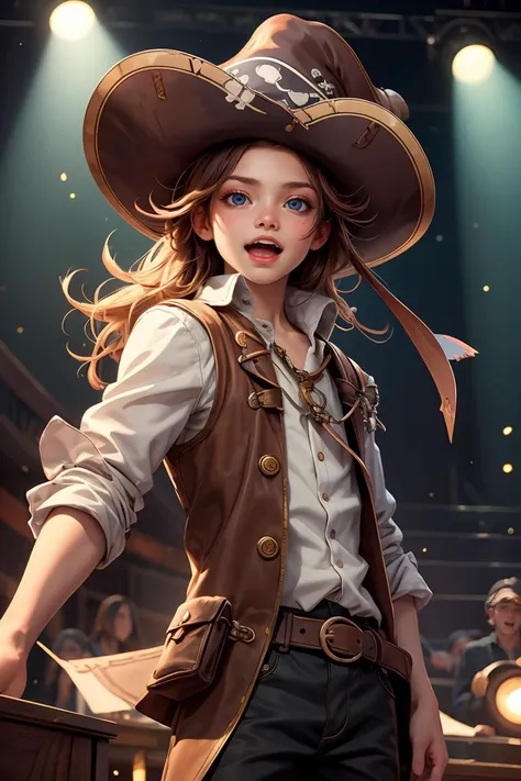 Cowboy Shot,((glossy eyes)),(masterpiece, best quality:1.4), 1boy,pirate hat,singing, stage, spotlight, happy,fantasy, <lora:more_details:0.3>, <lora:GPTS4 dreamwave full_478773:0.3>
