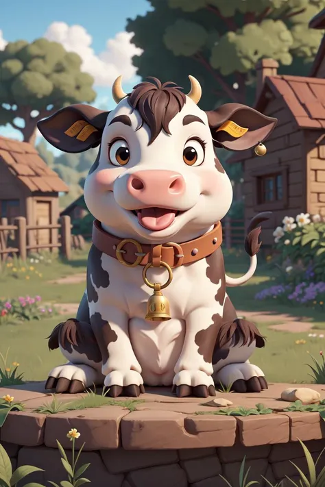 (no humans,:1.2)(best quality, masterpiece), cow, full body, bell, horns, tongue, tail, collar, solo, neck bell, tongue out, cow, cow tail, cow ears, cowbell, sitting, cow horns, looking at viewer, outdoors,day,garden background, game scene mood map,Unreal Engine, cartoon rendering