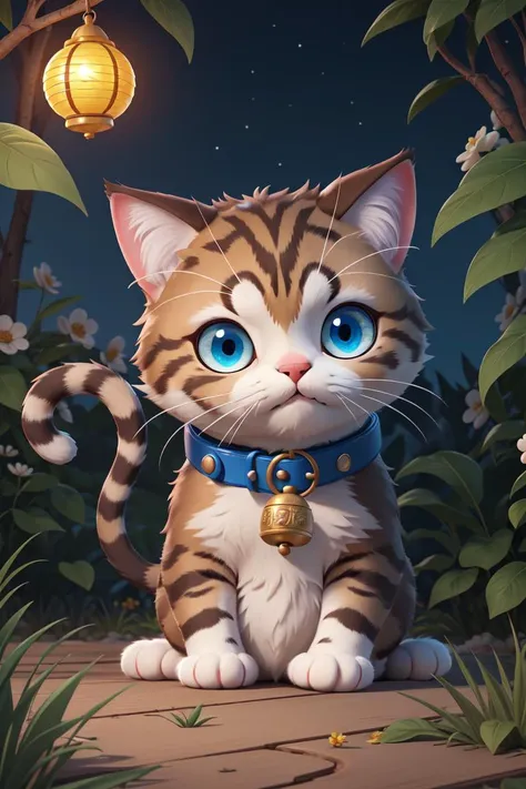 (no humans,:1.2)(best quality, masterpiece), maneki-neko, cat, solo, blue eyes, flower, collar, lantern, sitting, collar, full body, ^_^,neck bell,outdoors,night,garden background, game scene mood map,Unreal Engine, cartoon rendering