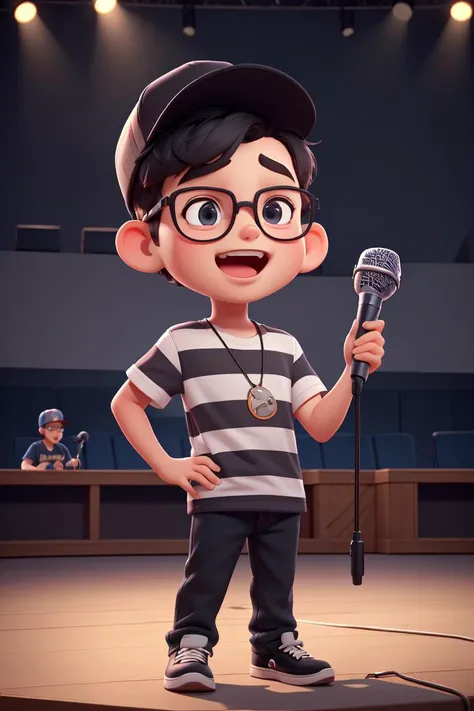 (Big head and small body:1.25) (best quality, masterpiece), 1boy, Open mouth and sing,(Hold the microphone with left hand,:1.4) hat, glasses, male focus, striped shirt, baseball cap, solo, (stage background:1.2) ,colored skin, black hair, game scene mood map,Unreal Engine, cartoon rendering,Surreal cartoon