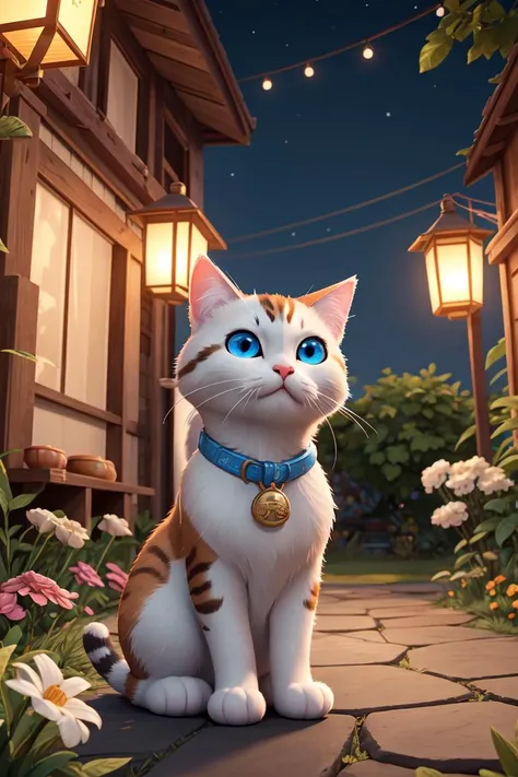 (no humans,:1.2)(best quality, masterpiece), maneki-neko, cat, solo, neck bell,blue eyes, flower,lantern, sitting, full body, ^_^,outdoors,night,garden background, game scene mood map,Unreal Engine, cartoon rendering