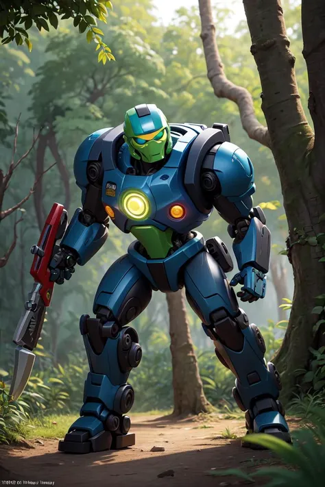 Bionicle, (Arnold Tsang, Toru Nakayama), Masterpiece, Studio Quality, 6k , toa, toaair, 1boy, glowing, axe, mecha, science_fiction, solo, weapon, jungle , green_background, nature, outdoors, solo, tree, weapon, mask, dynamic lighting, detailed shading, digital texture painting