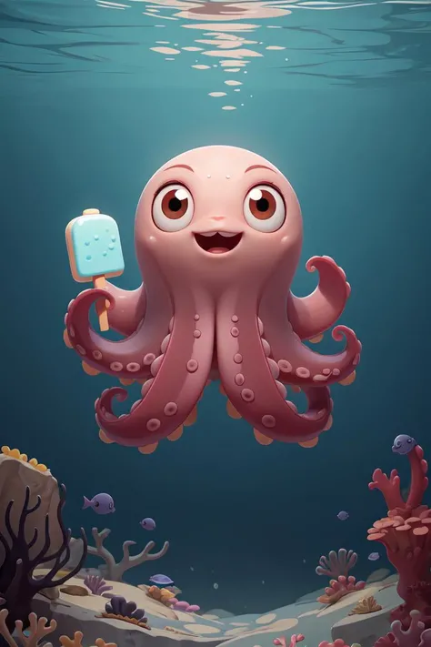 (no humans,:1.2)(best quality, masterpiece), (octopus:1.1), smile, open mouth,  holding popsicle,  solo, outline, full body, black eyes, looking at viewer,Undersea background,game scene mood map,Unreal Engine, cartoon rendering