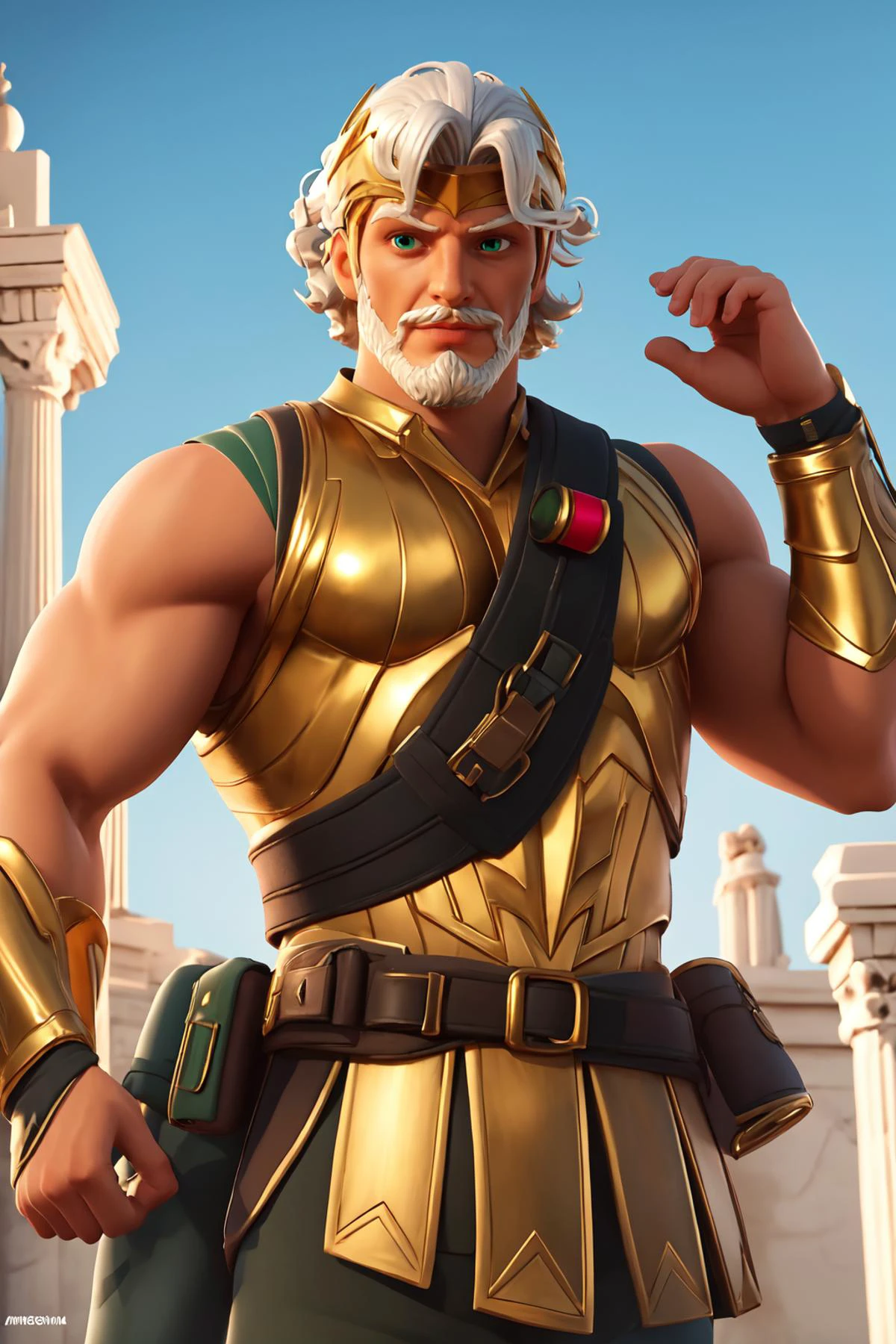 zeusfortniteV1, 1boy , mature male, looking at viewer, white skin, white hair, green eyes, beard, mustache, male focus, facial hair, muscle, <lora:zeusfortnite-09:0.5>, golden armor, shotgun shell bandolier, grecia, sunlight,, masterpiece, 4k, high quality, highres, absurdres,